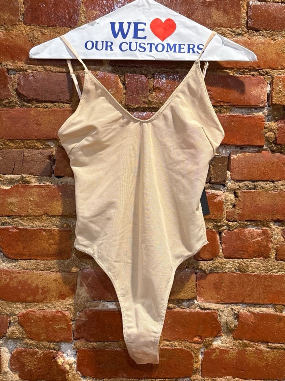 Beige sheer V-Neck Thong Bodysuit